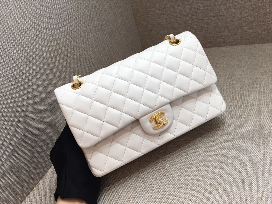 Medium Classic Flap Lambskin Bag AO1112 White/Gold